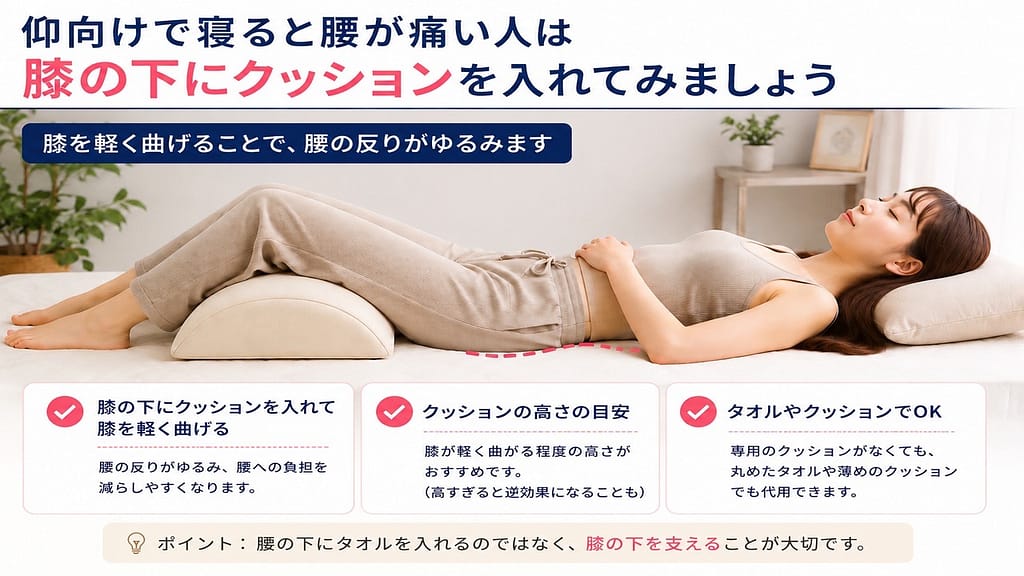 仰向けで寝ると腰が痛い人向けの膝下クッションの使い方を解説する画像 