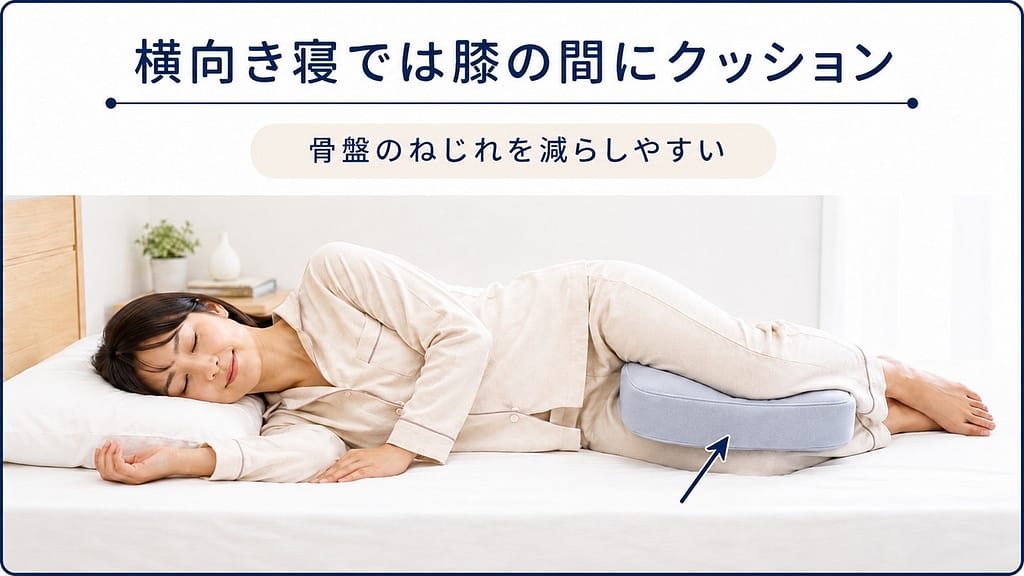 横向きで寝るときに膝の間にクッションを入れる腰痛対策の寝姿勢