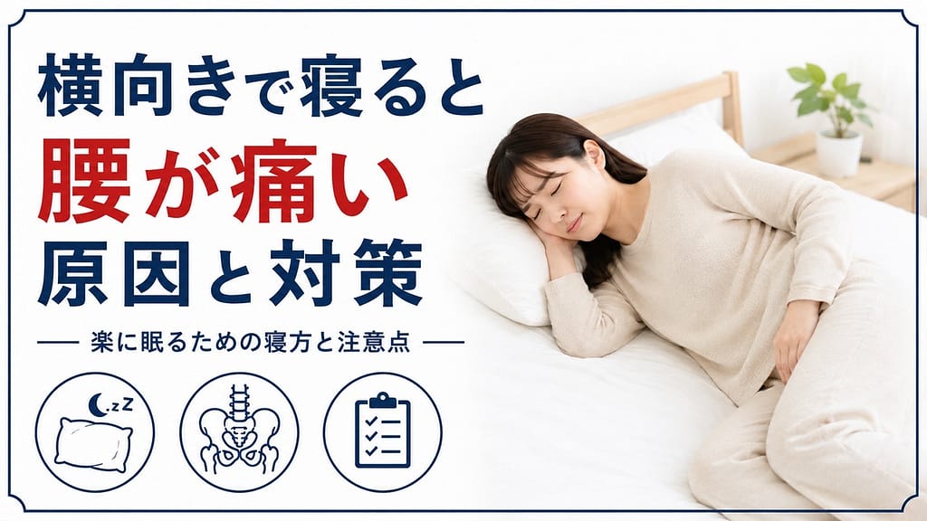 横向きで寝ると腰が痛い原因と対策を解説するアイキャッチ画像 
