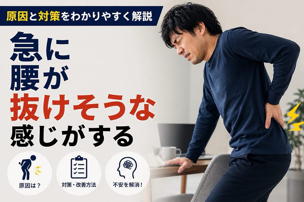 急に腰が抜けそうな感覚の原因や対策を解説した男性モデルのアイキャッチ画像
