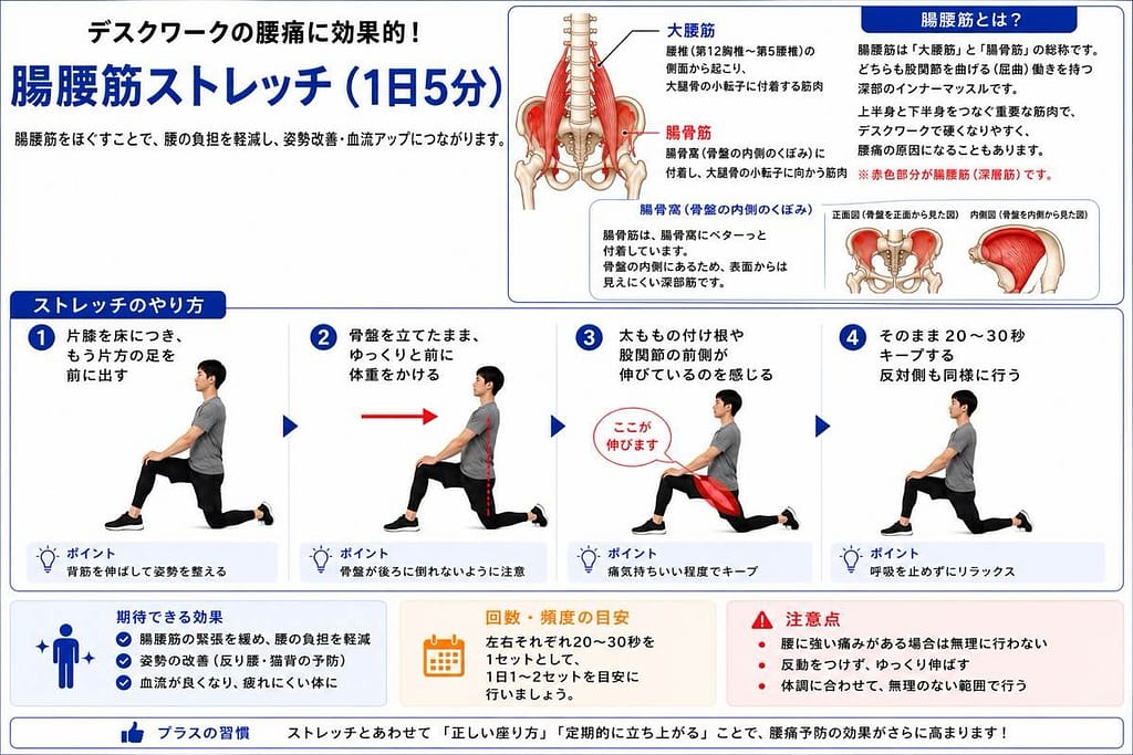 腸腰筋ストレッチのやり方と骨盤内側の筋肉図解