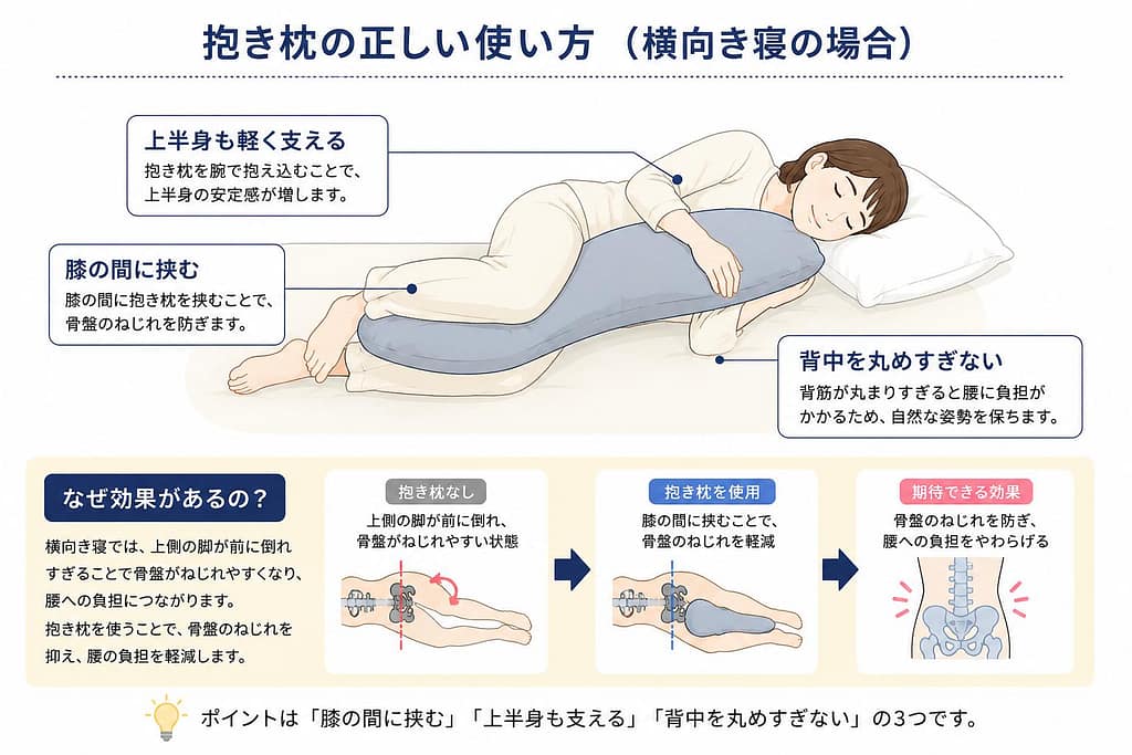 腰痛対策の抱き枕の正しい使い方を解説した図解