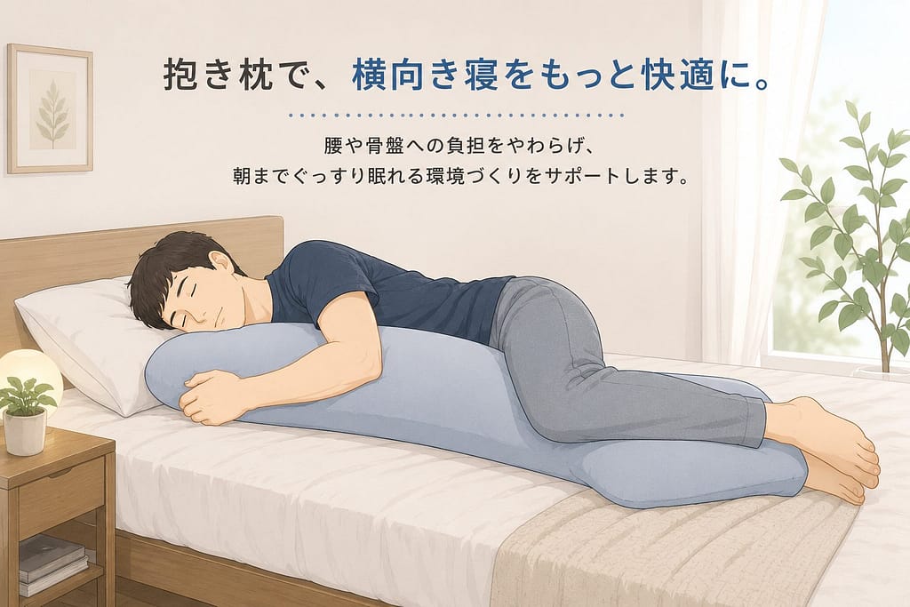 腰痛対策として抱き枕を使い横向きで寝るイメージイラスト