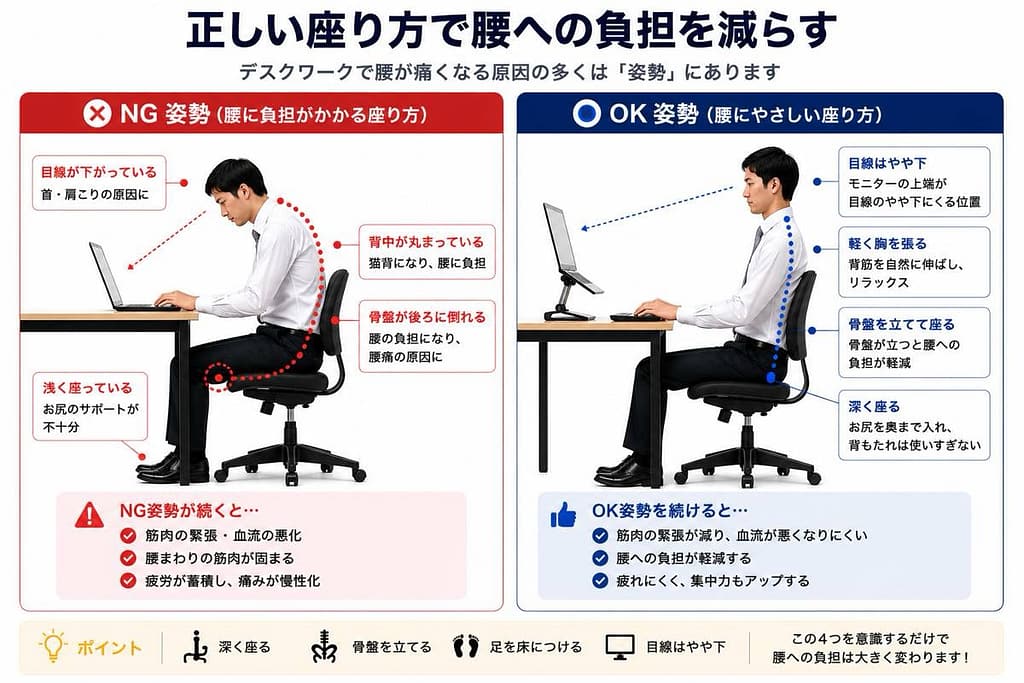 デスクワーク時の正しい座り方とNG姿勢の比較