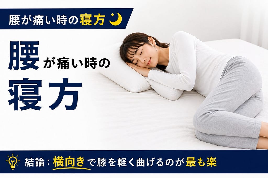 腰が痛い時の楽な寝方として横向きで膝を軽く曲げる姿勢を解説したアイキャッチ画像