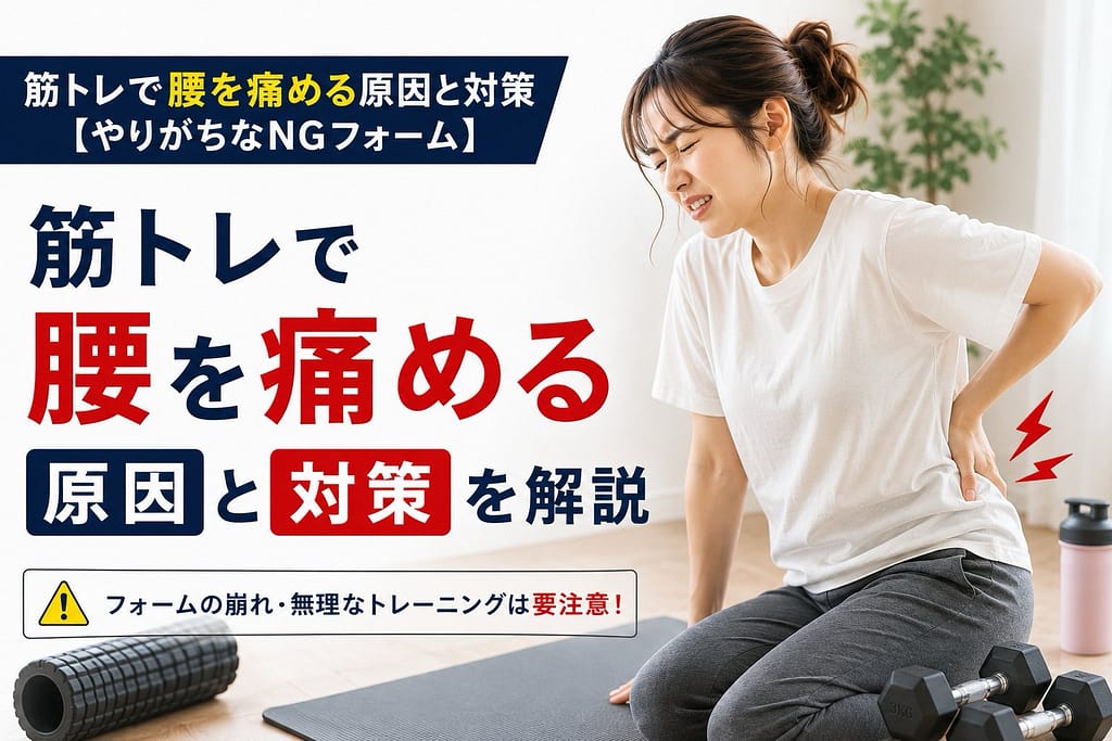 筋トレで腰を痛める原因と対策を解説するトレーニング中の女性モデルのアイキャッチ画像
