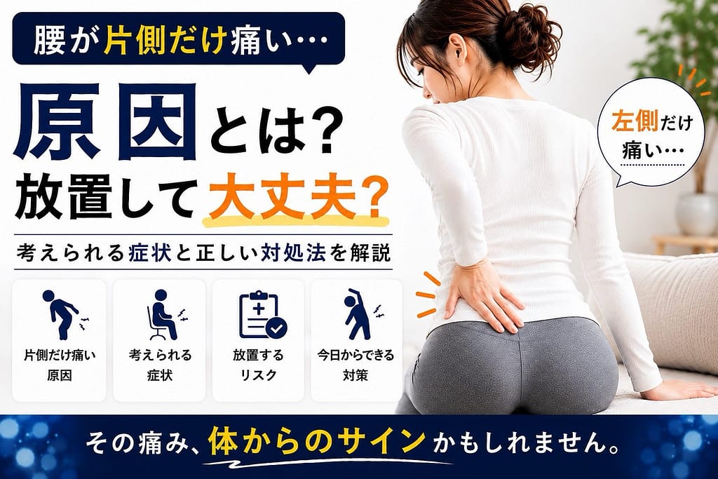 左側だけ腰とお尻付近が痛い女性のイメージと片側腰痛の原因・対策を解説したアイキャッチ画像