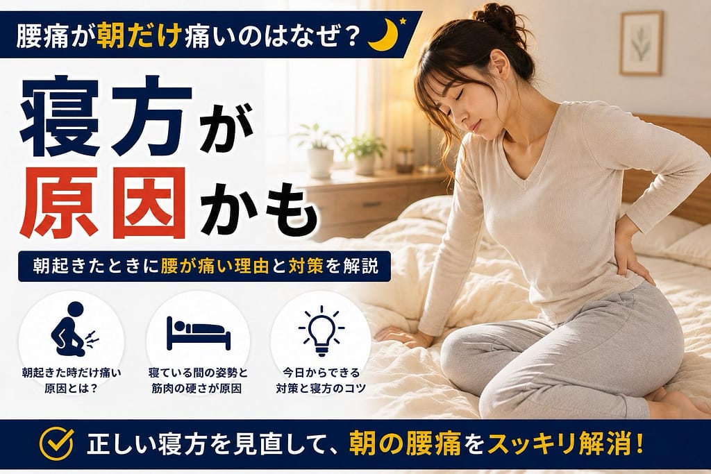 朝起きた時だけ腰が痛い原因や寝方との関係を解説したアイキャッチ画像