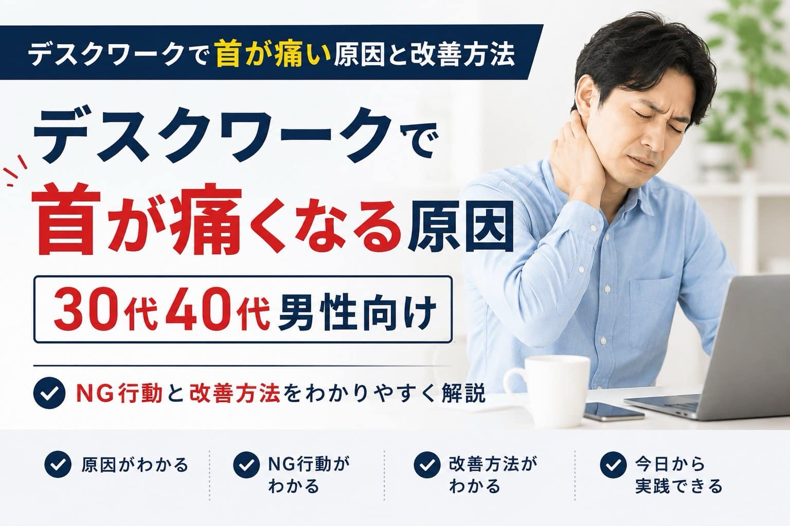 デスクワークで首が痛くなる原因と改善方法を解説する男性モデルのアイキャッチ画像