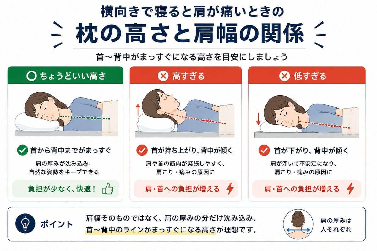 横向きで寝ると肩が痛いときの枕の高さと肩幅の関係